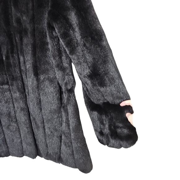 Dennis Basso Faux Fur Mink Black Coat Women Size Large Collared Pockets Mobwife - Picture 10 of 12